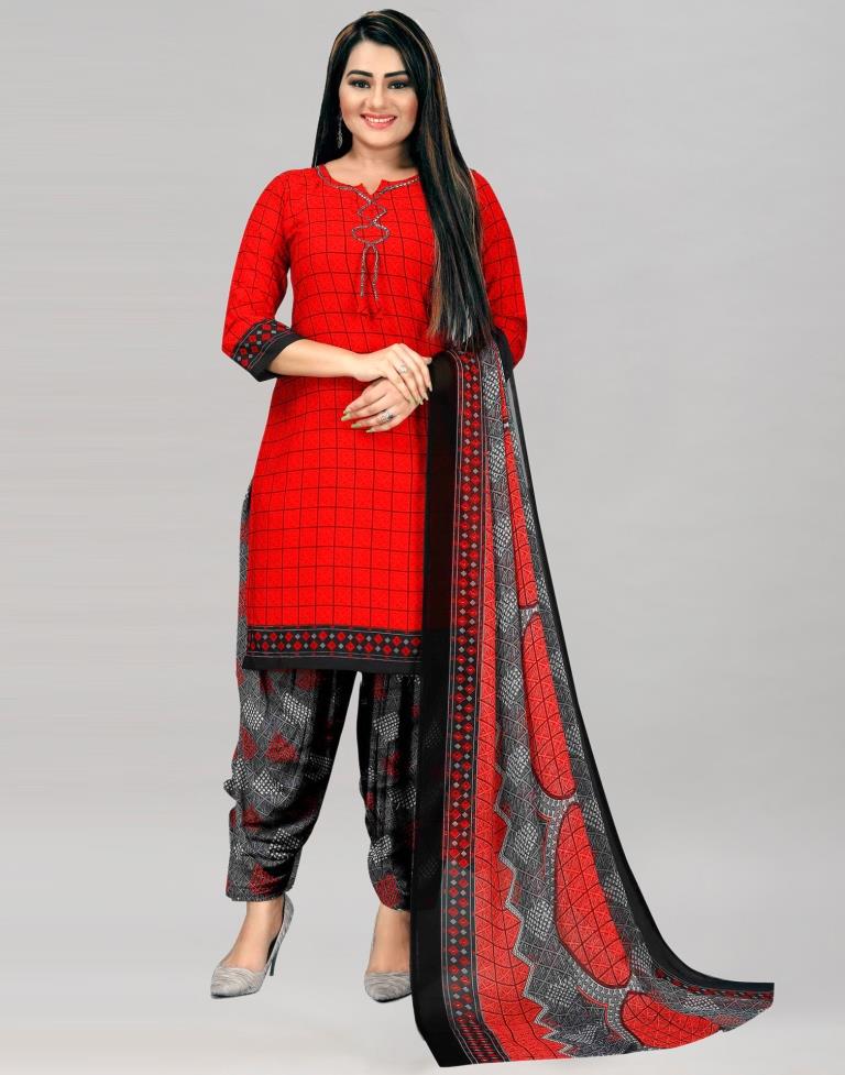 Imperial Red Printed Unstitched Salwar Suit | Sudathi