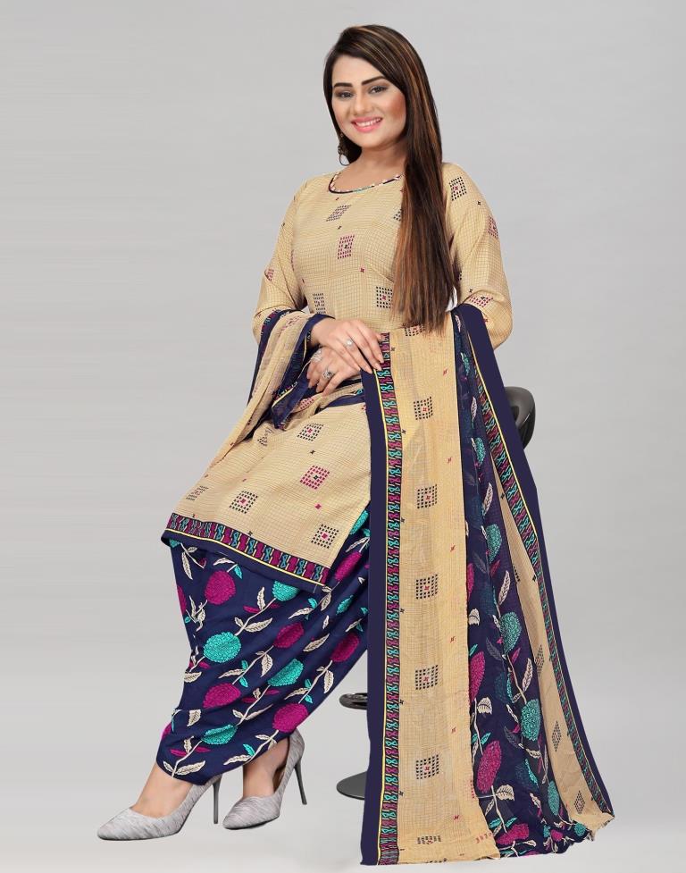 Epitome Cream Printed Unstitched Salwar Suit | Sudathi