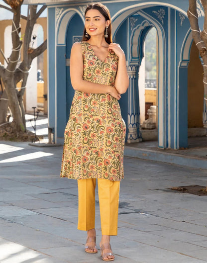 Yellow Printed Rayon Straight Kurta With Pant And Dupatta