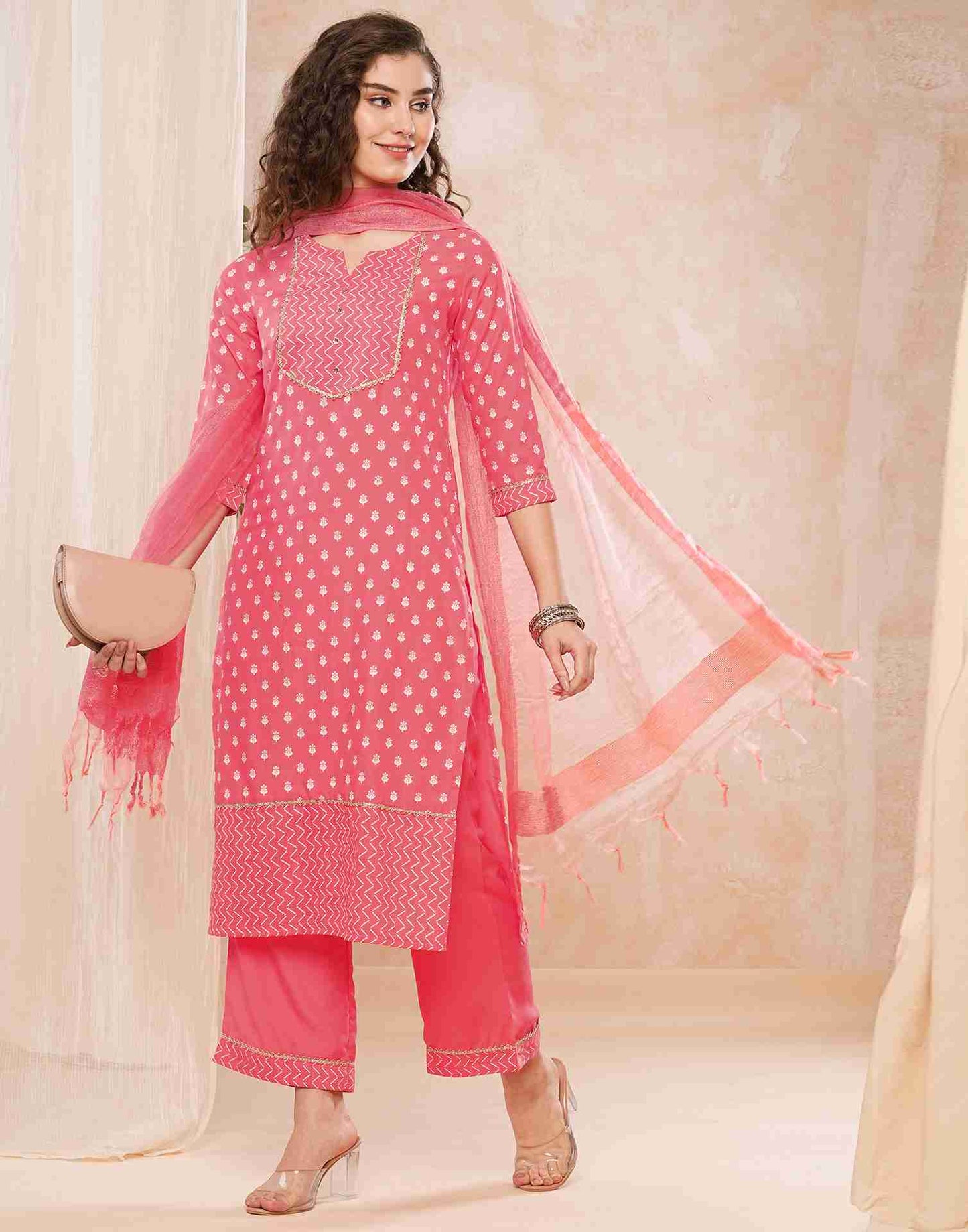 Peach Printed Muslin Straight Kurta With Pant And Dupatta