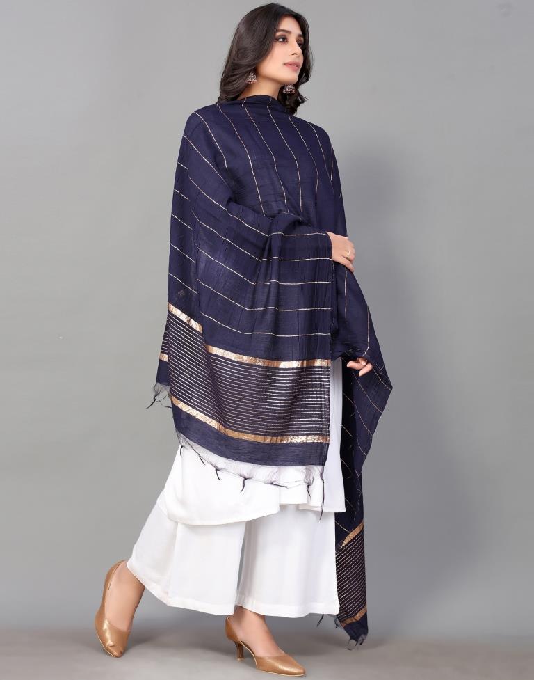Navy Blue Golden Stripes Dupatta | Leemboodi