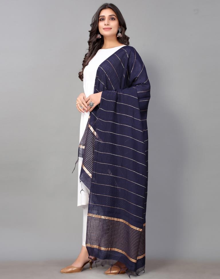 Navy Blue Golden Stripes Dupatta | Leemboodi