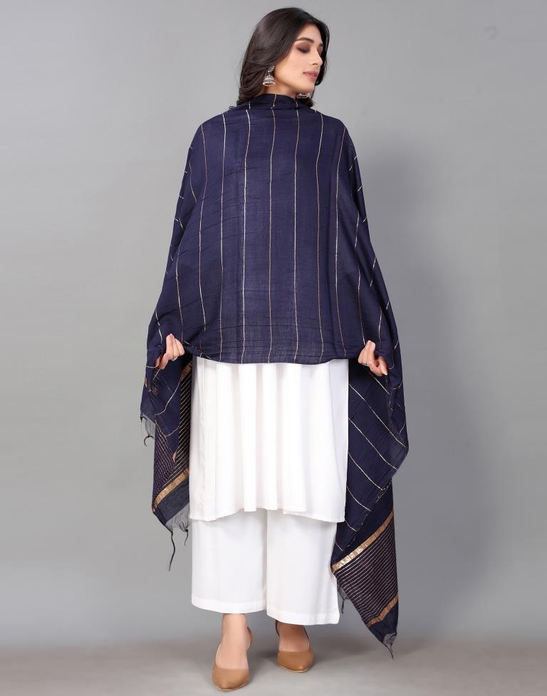 Navy Blue Golden Stripes Dupatta | Leemboodi