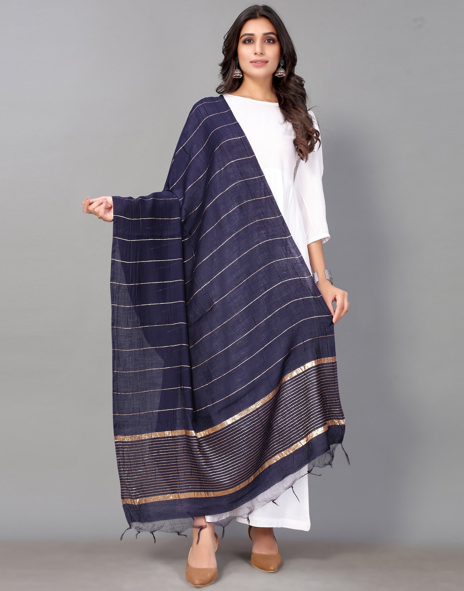 Navy Blue Golden Stripes Dupatta | Leemboodi