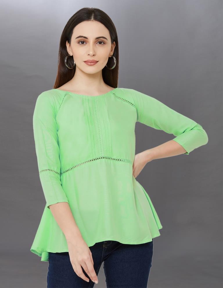 Bedazzling Light Sea Green Coloured Pleated Rayon Top | Leemboodi