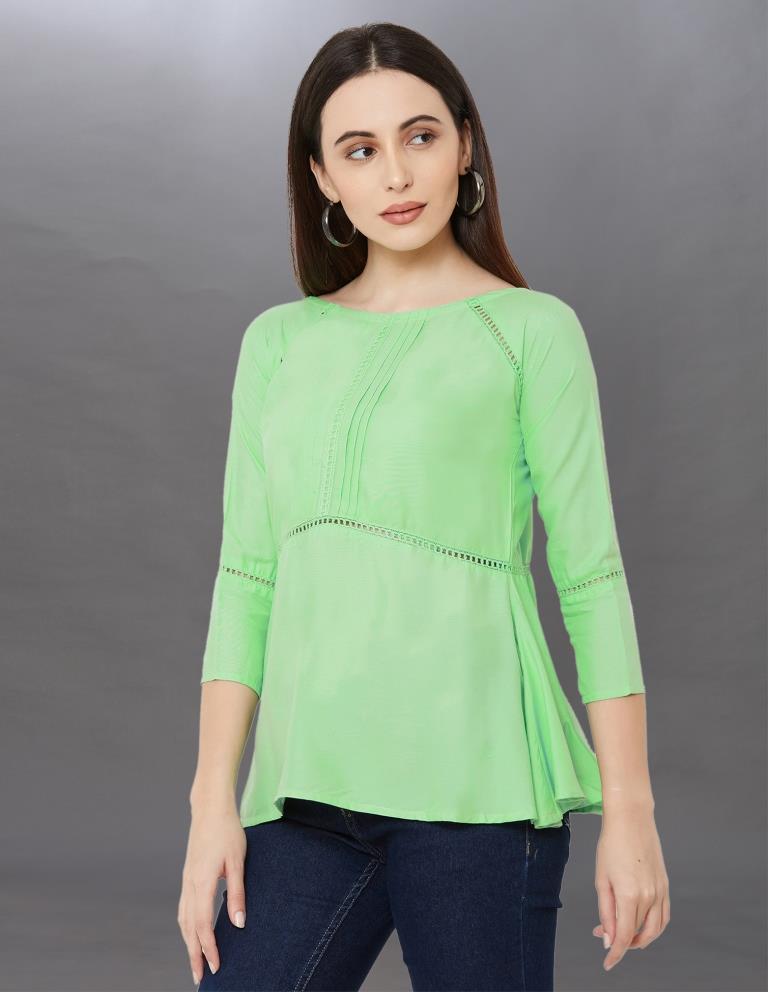 Bedazzling Light Sea Green Coloured Pleated Rayon Top | Leemboodi