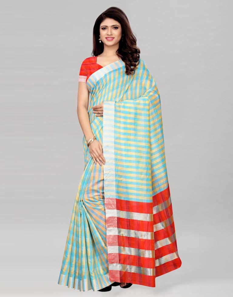 Blue Coloured Cotton Silk Woven Lines Casual Saree | Sudathi