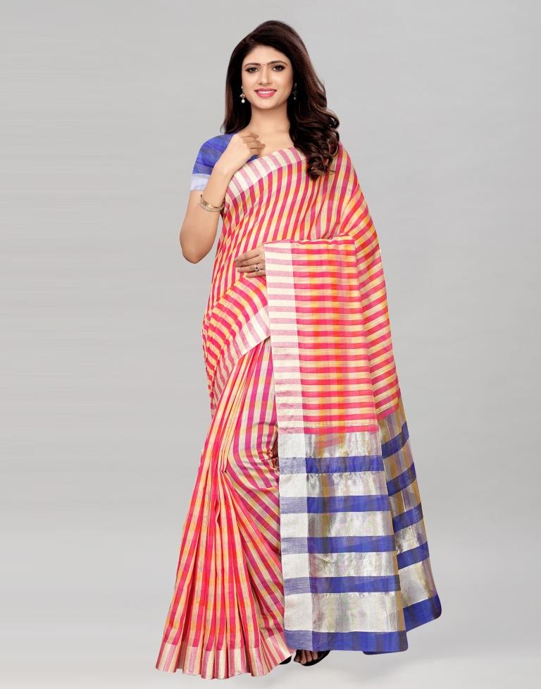 Pink Coloured Cotton Silk Woven Lines Casual Saree | Leemboodi