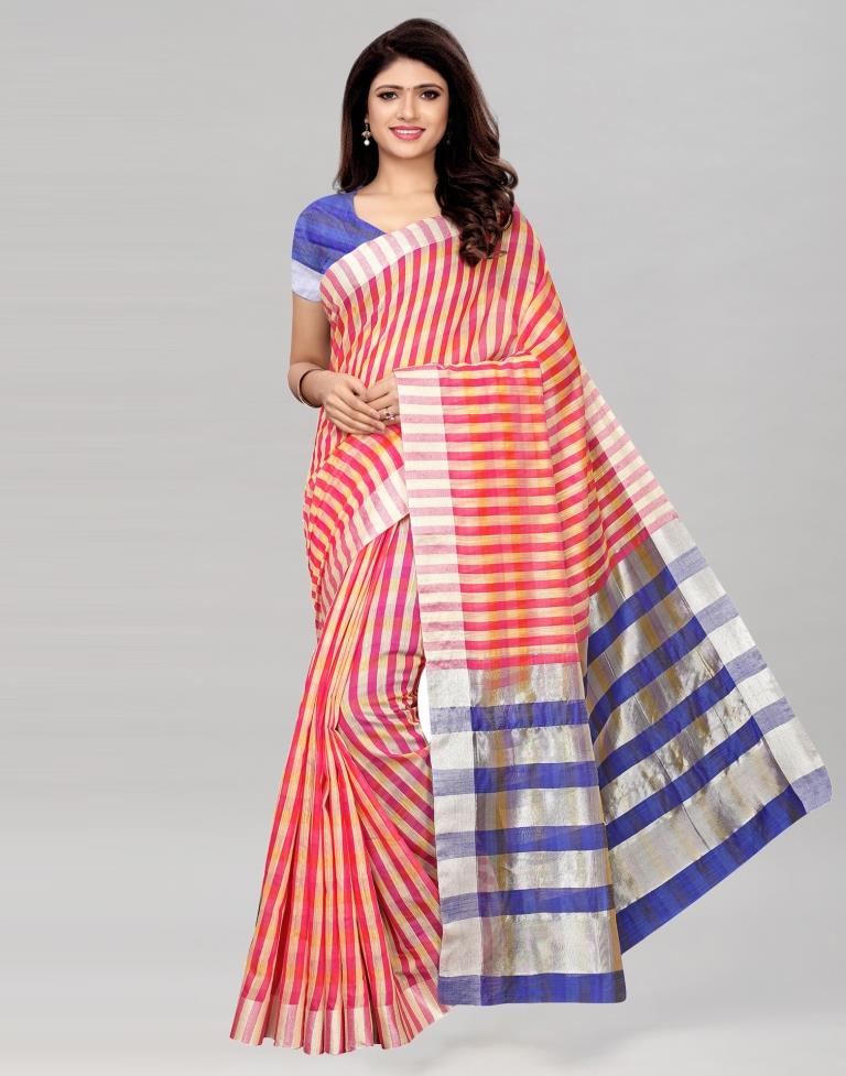 Pink Coloured Cotton Silk Woven Lines Casual Saree | Leemboodi
