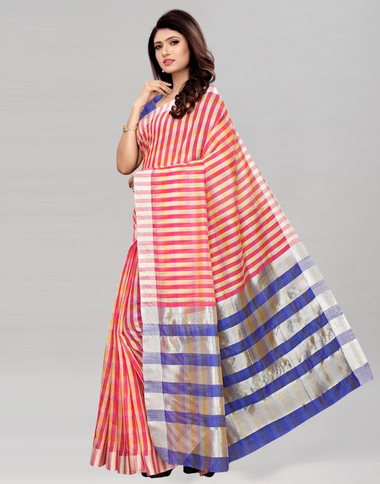 Pink Coloured Cotton Silk Woven Lines Casual Saree | Leemboodi