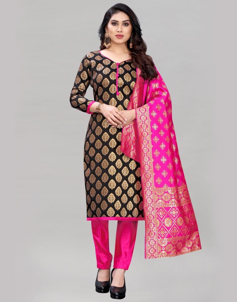 Black Silk Jacquard Unstitched Salwar Suit | Sudathi