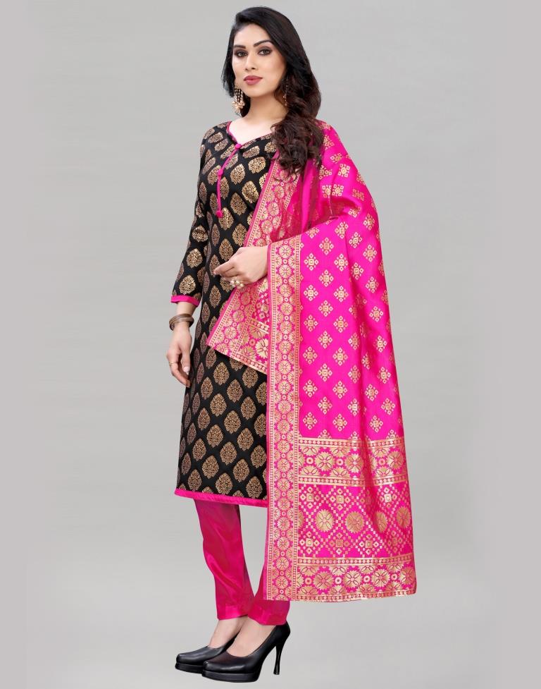 Black Silk Jacquard Unstitched Salwar Suit | Sudathi