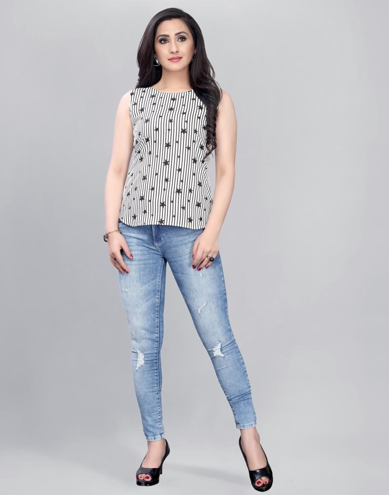 Captivating White Coloured Printed Crepe Tops | Sudathi