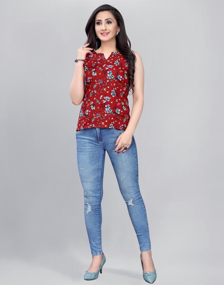 Luscious Red Coloured Printed Crepe Tops | Sudathi