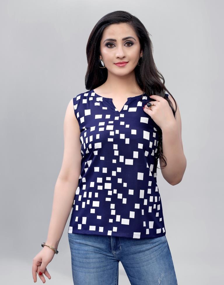 Glitzy Navy Blue Coloured Printed Crepe Tops | Sudathi