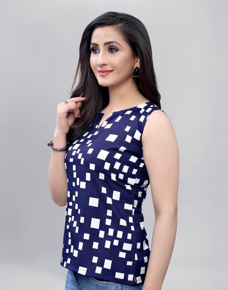 Glitzy Navy Blue Coloured Printed Crepe Tops | Sudathi