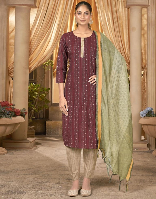 Maroon Cotton Kurta With Pant And Dupatta