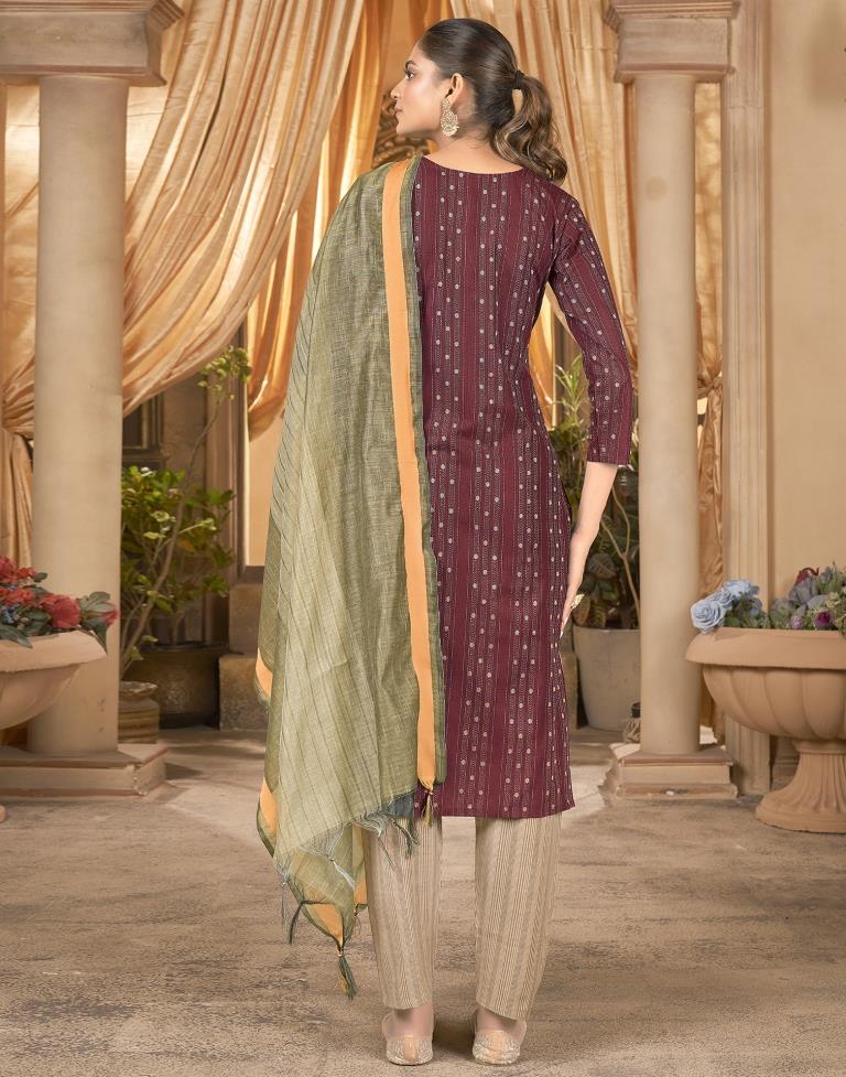 Maroon Cotton Kurta With Pant And Dupatta