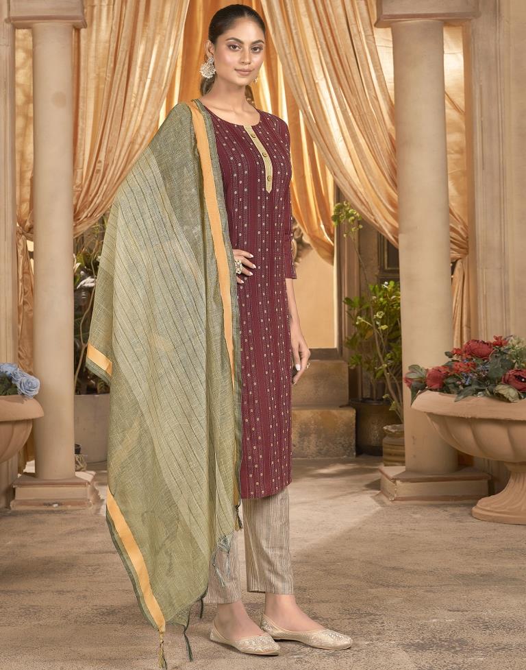 Maroon Cotton Kurta With Pant And Dupatta