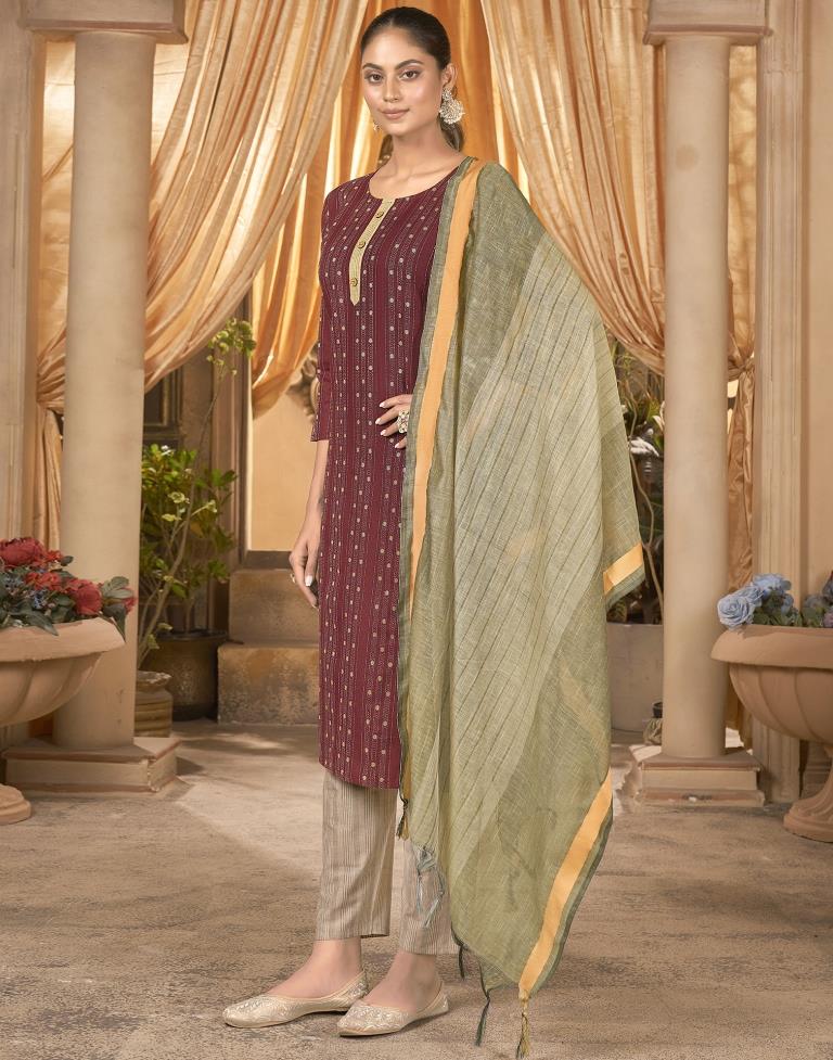 Maroon Cotton Kurta With Pant And Dupatta