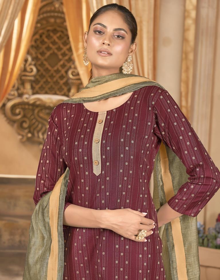 Maroon Cotton Kurta With Pant And Dupatta