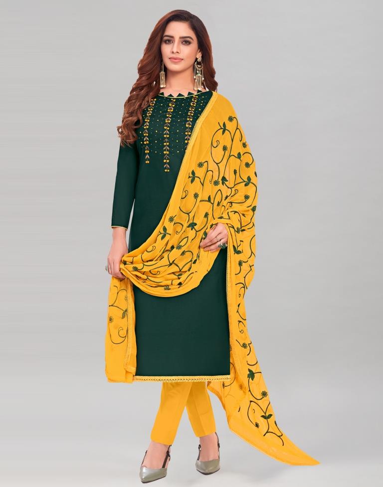 Dark Green Cotton Handwork Unstitched Salwar Suit | Sudathi