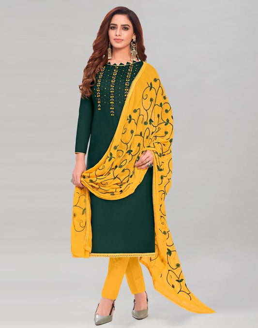 Dark Green Cotton Handwork Unstitched Salwar Suit | Sudathi