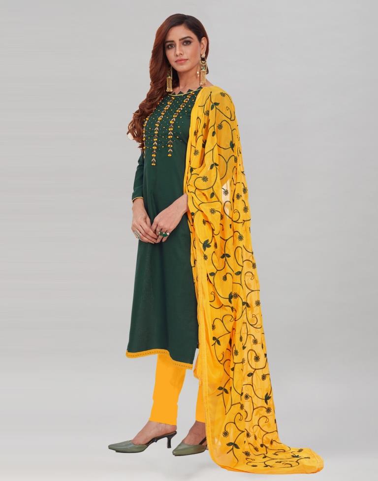 Dark Green Cotton Handwork Unstitched Salwar Suit | Sudathi