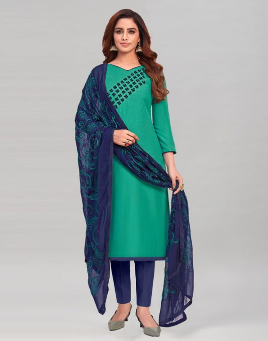 Jungle Green Cotton Handwork Unstitched Salwar Suit | Sudathi