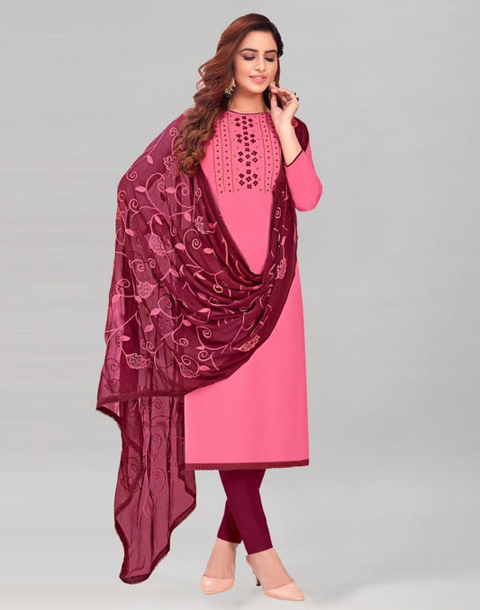 Pink Cotton Handwork Unstitched Salwar Suit | Sudathi