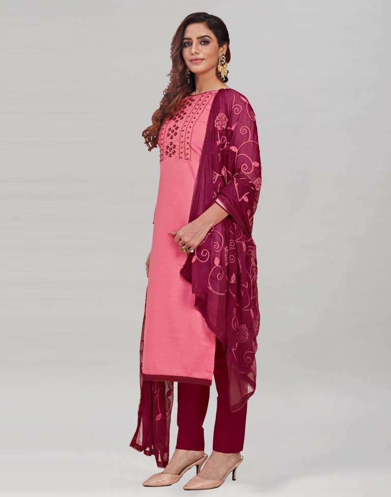 Pink Cotton Handwork Unstitched Salwar Suit | Sudathi