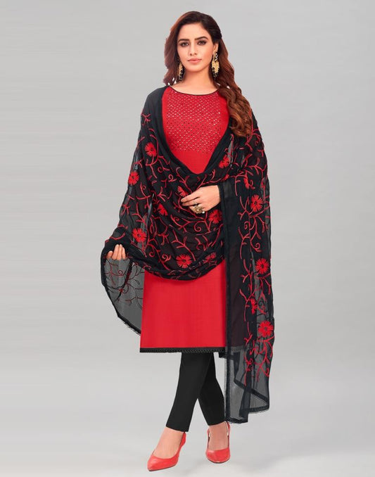 Red Cotton Handwork Unstitched Salwar Suit | Sudathi