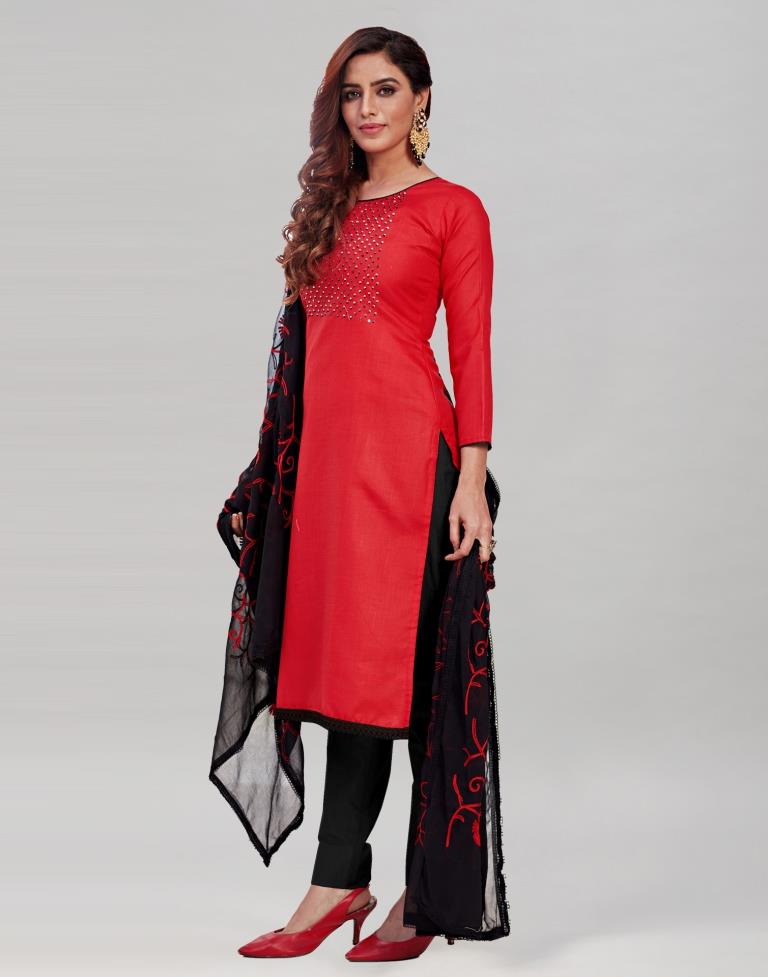 Red Cotton Handwork Unstitched Salwar Suit | Sudathi