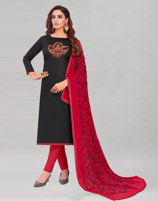 Black Cotton Embroidered Unstitched Salwar Suit | Sudathi