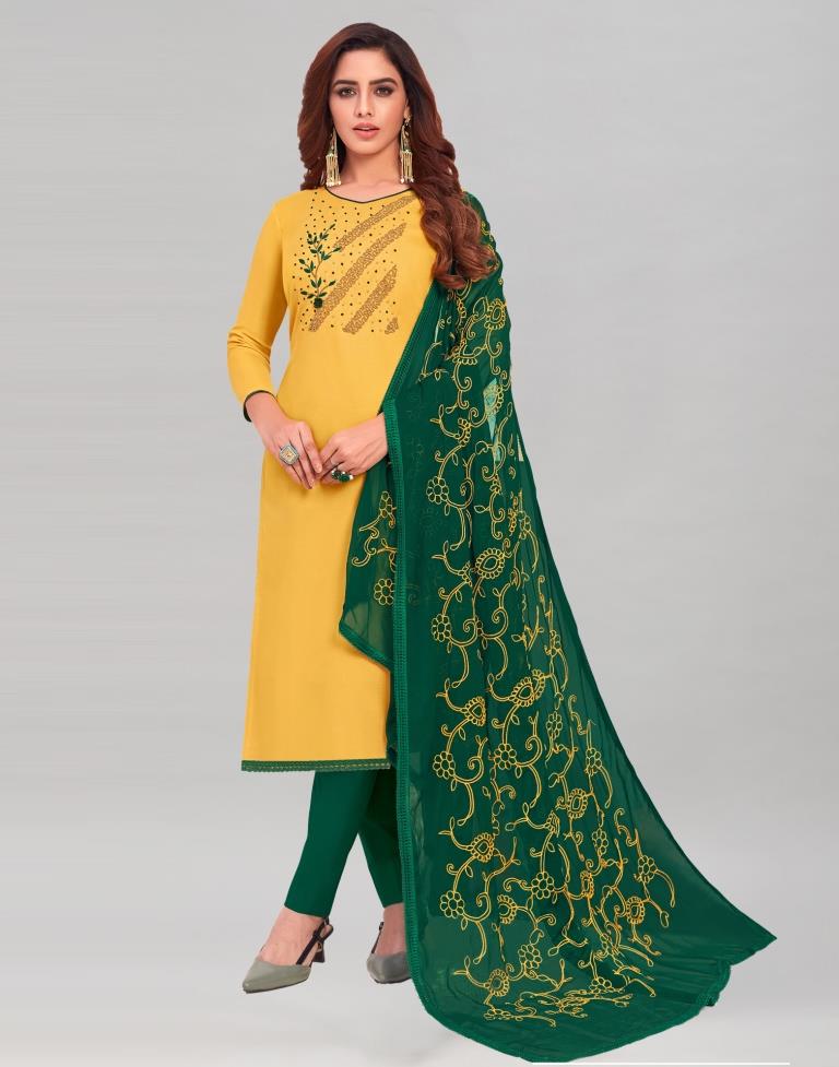 Yellow Cotton Embroidered Unstitched Salwar Suit | Sudathi