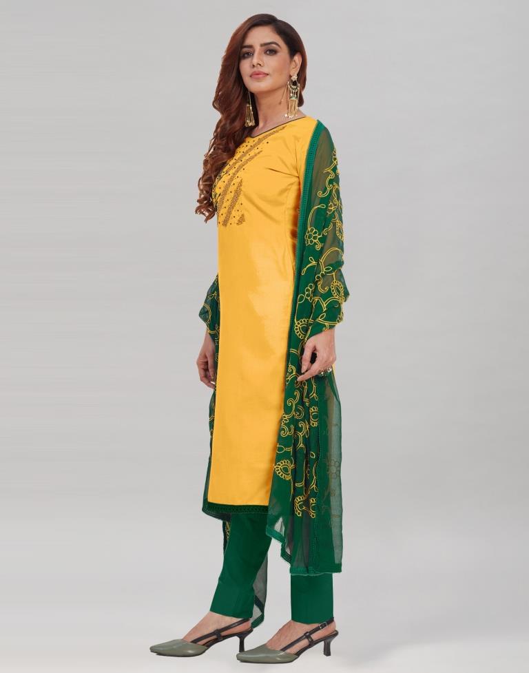 Yellow Cotton Embroidered Unstitched Salwar Suit | Sudathi