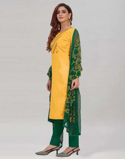 Yellow Cotton Embroidered Unstitched Salwar Suit | Sudathi