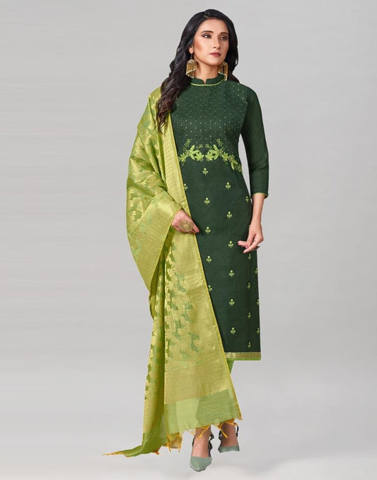 Dark Green Silk Embroidered Unstitched Salwar Suit | Sudathi