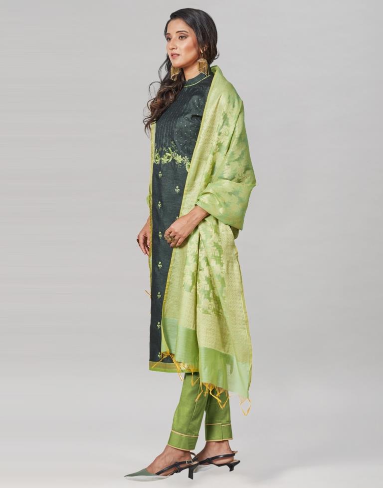 Dark Green Silk Embroidered Unstitched Salwar Suit | Sudathi