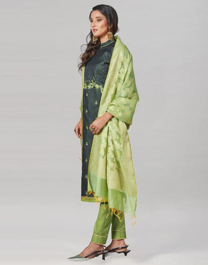 Dark Green Silk Embroidered Unstitched Salwar Suit | Sudathi