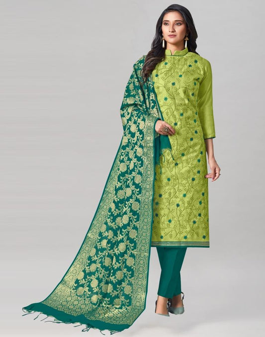 Parrot Green Silk Embroidered Unstitched Salwar Suit | Sudathi