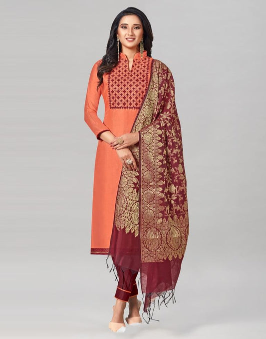 Peach Silk Embroidered Unstitched Salwar Suit | Sudathi