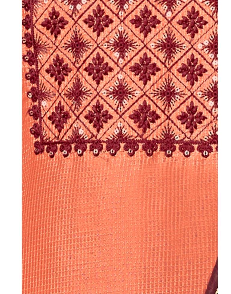 Peach Silk Embroidered Unstitched Salwar Suit | Sudathi