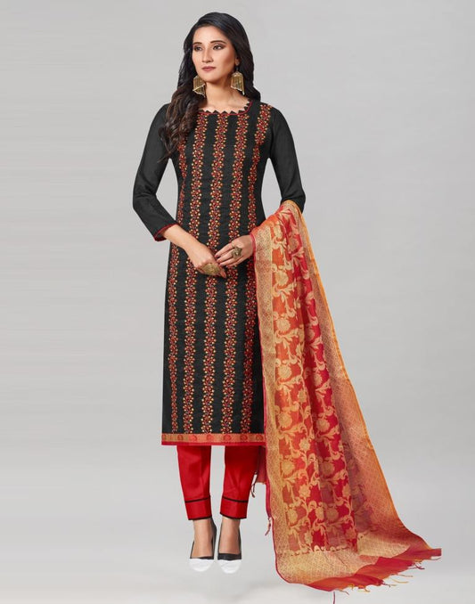 Black Silk Embroidered Unstitched Salwar Suit | Sudathi