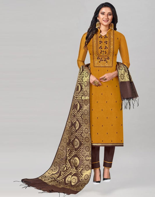 Mustard Silk Embroidered Unstitched Salwar Suit | Sudathi
