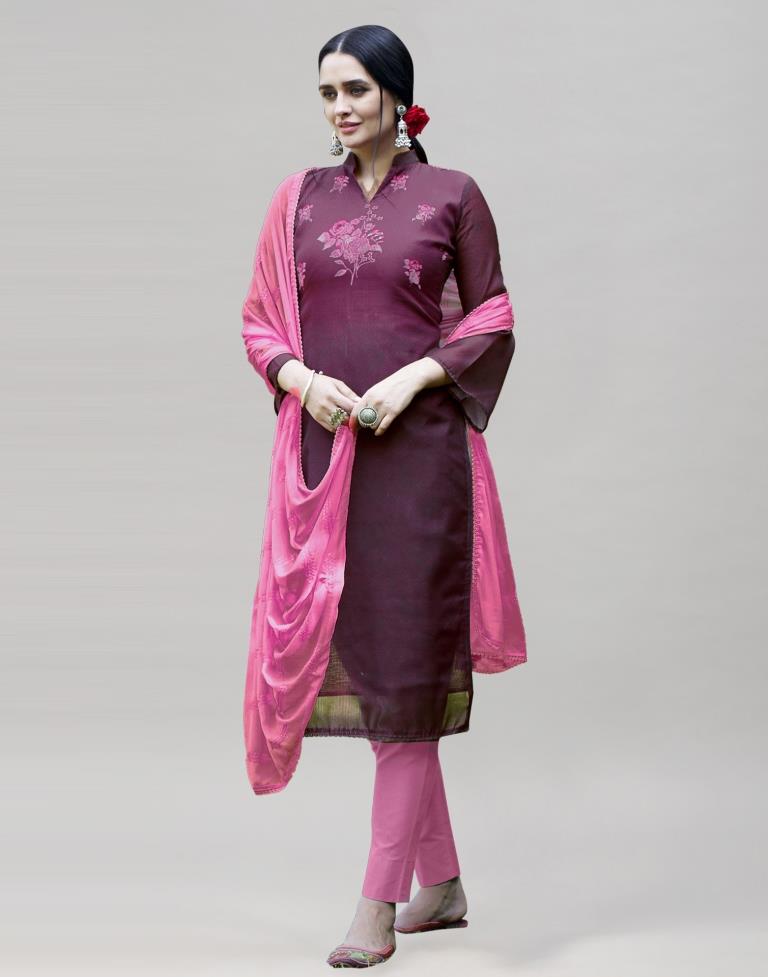 Wine Cotton Printed Unstitched Salwar Suit | Sudathi