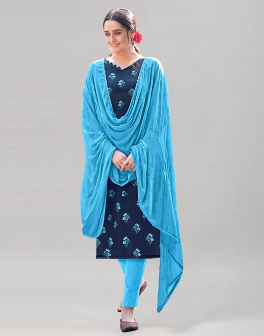 Blue Cotton Printed Unstitched Salwar Suit | Sudathi