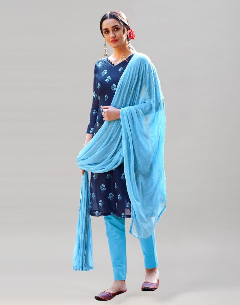 Blue Cotton Printed Unstitched Salwar Suit | Sudathi