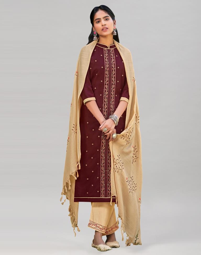 Maroon Cotton Slub Embroidered Unstitched Salwar Suit | Sudathi