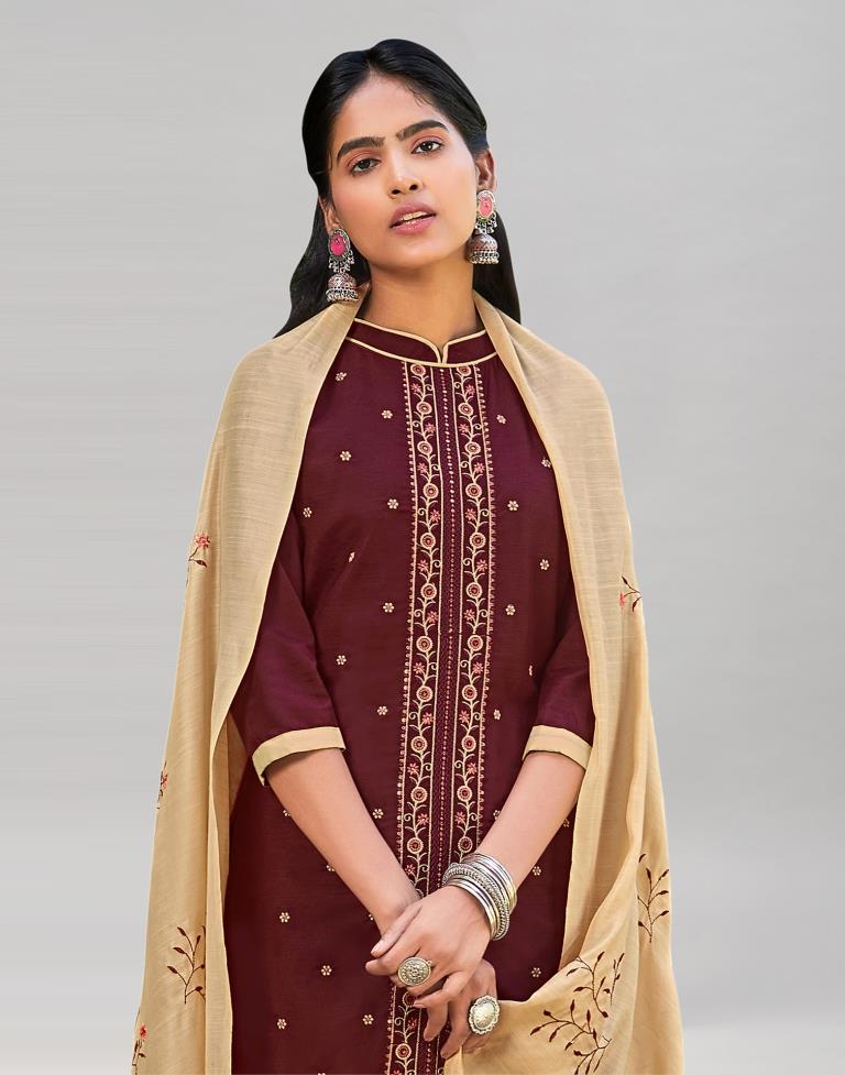 Maroon Cotton Slub Embroidered Unstitched Salwar Suit | Sudathi